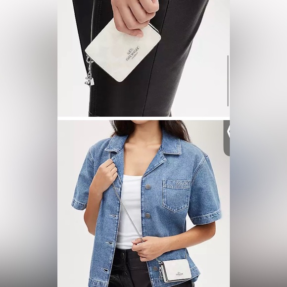 NWT COACH Boxed Mini Wallet On A Chain In Signature Canvas white & silver - Picture 2 of 5